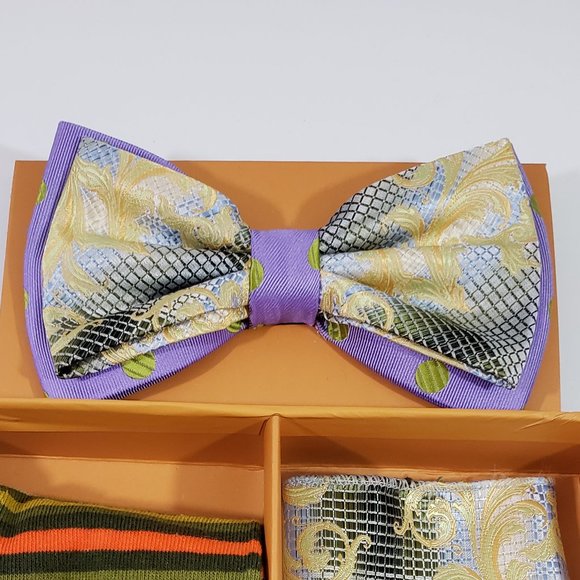 Robert Lewis Olive Bow Tie Hanky Socks Box 3 Set - Picture 2 of 7